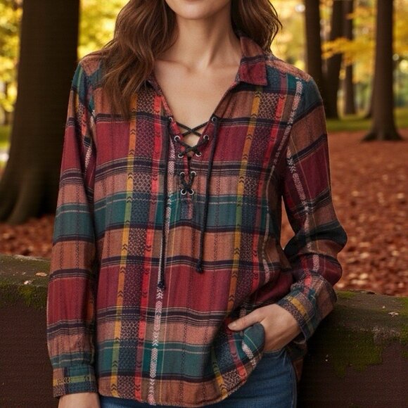 MUDD Y2K Burgundy Plaid Flannel Lace-Up Womens Boho Peasant Top Size Large - Picture 1 of 10